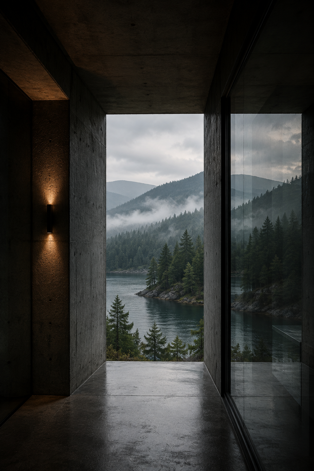 Dark concrete passage framing a misty forest and lake landscape